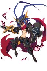 Rule 34 | 1boy, antenna hair, armor, belt, blue hair, bracelet, demon boy, disgaea, disgaea rpg, full body, hair between eyes, harada takehito, holding, holding shield, holding sword, holding weapon, jewelry, laharl, leg armor, navel, official alternate costume, open mouth, pointy ears, red eyes, red scarf, scarf, shield, smile, sword, topless male, weapon
