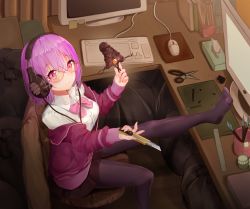 Rule 34 | 10s, 1girl, boxcutter, breasts, brown jacket, brown pantyhose, brown skirt, chair, closed mouth, collared shirt, commentary request, gridman universe, hair between eyes, highres, holding, indoors, jacket, unworn jacket, keyboard, monitor, mouse (computer), no shoes, off shoulder, office chair, on chair, open clothes, open jacket, pantyhose, pink-framed eyewear, pink hair, pleated skirt, purple jacket, red eyes, scissors, seero, semi-rimless eyewear, shinjou akane, shirt, sitting, skirt, small breasts, smile, solo, ssss.gridman, swivel chair, tissue box, trash bag, under-rim eyewear, white shirt