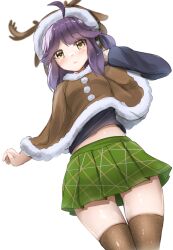 Rule 34 | 1girl, ahoge, animal ears, animal hood, antlers, black shirt, brown capelet, brown thighhighs, capelet, cowboy shot, deer antlers, deer ears, dress, fake animal ears, fake antlers, fur-trimmed capelet, fur trim, green skirt, hayanami (kancolle), highres, hood, horns, kantai collection, looking at viewer, official alternate costume, one-hour drawing challenge, pleated dress, ponytail, purple hair, redundant-cat, reindeer antlers, reindeer hood, shirt, short hair, sidelocks, simple background, skirt, solo, standing, thighhighs, white background, yellow eyes