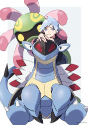 Rule 34 | 1boy, absurdres, aged down, armaldo, black shirt, blue eyes, blush, claws, commentary, cradily, creatures (company), game freak, gen 3 pokemon, grey hair, highres, jewelry, leaning forward, looking at viewer, male focus, nintendo, pants, parted lips, pokemon, pokemon (creature), pokemon rse, ring, shirt, short hair, sitting, smile, steven stone, twitter username, xia (ryugo)