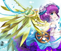 Rule 34 | 1girl, bare shoulders, blue eyes, blush, clock, detached sleeves, dress, hair ornament, mechanical wings, open mouth, purple hair, puzzle &amp; dragons, short hair, sideways mouth, siukaukau24, skuld (p&amp;d), solo, wings