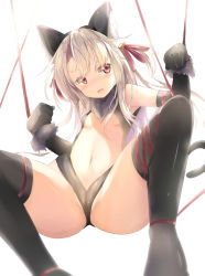 Rule 34 | 1girl, animal ears, bare shoulders, bell, black gloves, black leotard, black thighhighs, blush, bound, breasts, cat ears, cat girl, cat tail, commentary request, dangeroes beast (illya), elbow gloves, fate/kaleid liner prisma illya, fate (series), fur-trimmed gloves, fur trim, gloves, groin, hair bell, hair ornament, hair ribbon, highres, illyasviel von einzbern, jingle bell, leotard, long hair, natuna natu, navel, nose blush, official alternate costume, open mouth, red eyes, red ribbon, ribbon, ribbon bondage, silver hair, simple background, small breasts, solo, sweat, tail, thighhighs, very long hair, white background