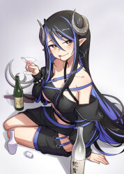 Rule 34 | 1girl, :q, bandeau, belt, black bandeau, black belt, black hair, black jacket, black skirt, blue belt, blue hair, blush, bottle, breasts, brown eyes, cherry, chest belt, cleavage, closed mouth, cocktail glass, commentary request, cup, curled horns, demon girl, demon horns, demon tail, drinking glass, dripping, food, fruit, full body, grey background, grey horns, hair between eyes, hebiyoi tier, hebiyoi tier (1st costume), heebee, holding, holding cup, horns, jacket, large breasts, long bangs, long hair, long sleeves, looking at viewer, martini, multicolored hair, nanashi inc., navel, off shoulder, open clothes, open jacket, pointy ears, sake bottle, sidelocks, simple background, sitting, skirt, smile, solo, tail, tokkuri, tongue, tongue out, two-tone hair, very long hair, virtual youtuber, yokozuwari
