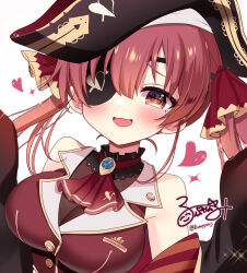 Rule 34 | 1girl, ascot, black coat, black hat, blush, choker, coat, cropped jacket, eyepatch, frilled choker, frills, hair ribbon, hat, heart, hololive, houshou marine, houshou marine (1st costume), jacket, leotard, leotard under clothes, looking at viewer, nanase (ribonshitoron), open mouth, pirate hat, red ascot, red coat, red eyes, red hair, red jacket, red ribbon, ribbon, sleeveless, sleeveless jacket, smile, solo, twintails, two-sided coat, two-sided fabric, virtual youtuber