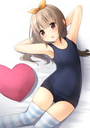 Rule 34 | 1girl, armpits, arms behind head, black one-piece swimsuit, brown eyes, commentary request, flat chest, hair ribbon, heart, highres, light brown hair, long hair, lying, old school swimsuit, one-piece swimsuit, original, ribbon, school swimsuit, shibacha, solo, striped clothes, striped thighhighs, swimsuit, thighhighs