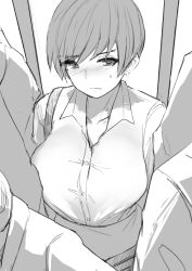 Rule 34 | 1girl, absurdres, breasts, collared shirt, highres, large breasts, monochrome, norman maggot, office lady, olive laurentia, original, pencil skirt, pixie cut, shirt, short hair, skirt, solo, sweatdrop, train interior
