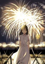Rule 34 | 1girl, black hair, blurry, closed mouth, depth of field, dress, fireworks, grass, hair between eyes, highres, kukiha, lens flare, light smile, long hair, looking at viewer, night, original, outdoors, short sleeves, smile, solo, standing, white dress