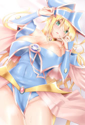 Rule 34 | 1girl, absurdres, bare shoulders, blonde hair, blue headwear, blush, blush stickers, breasts, calcio, cleavage, dark magician girl, duel monster, finger to mouth, green eyes, hair between eyes, hat, highres, large breasts, long hair, looking at viewer, lying, on back, open mouth, pentagram, wizard hat, yu-gi-oh!