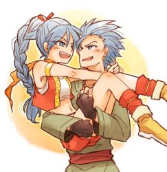 Rule 34 | 1boy, 1girl, black gloves, blue eyes, blue hair, braid, breasts, brother and sister, camus (dq11), carrying, commentary request, crop top, cropped vest, dragon quest, dragon quest xi, earrings, fingerless gloves, gloves, jewelry, long hair, maya (dq11), midriff, navel, open mouth, princess carry, red shorts, short shorts, shorts, siblings, single braid, small breasts, smile, takana x123, vest