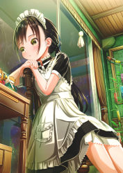 Rule 34 | 1girl, aiuabo, apron, black hair, blush, chain, commentary request, curtains, doll, dress, frilled apron, frills, green eyes, highres, indoors, light frown, long hair, looking outside, maid, maid headdress, original, own hands together, paper chain, ponytail, rain, short sleeves, sidelocks, sitting, solo, table, tanabata, tanzaku, teruterubouzu, white apron, window