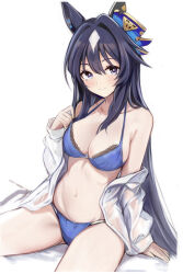 Rule 34 | 1girl, animal ears, bare shoulders, bed sheet, bikini, black hair, breasts, cleavage, closed mouth, commentary request, diamond (shape), ear ornament, hair intakes, horse ears, horse girl, large breasts, long hair, looking at viewer, multicolored hair, nannacy7, navel, off shoulder, purple bikini, purple eyes, shirt, simple background, sitting, smile, solo, stomach, streaked hair, swimsuit, umamusume, verxina (umamusume), white background, white hair, white shirt
