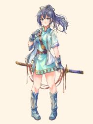 Rule 34 | 1girl, aqua dress, beige background, belt, blue hair, boots, commentary request, dress, fingerless gloves, fir (fire emblem), fire emblem, fire emblem: the binding blade, full body, fuussu (21-kazin), gloves, grey eyes, grey footwear, grey gloves, grey jacket, hair ribbon, hand up, highres, holding, holding sword, holding weapon, jacket, long hair, looking at viewer, nintendo, open clothes, open jacket, ponytail, ribbon, scabbard, sheath, sheathed, short dress, short sleeves, simple background, solo, standing, sword, weapon