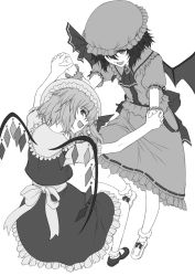 Rule 34 | 2girls, ascot, bat wings, dress, female focus, flandre scarlet, greyscale, hat, highres, jewelry, monochrome, multiple girls, open mouth, remilia scarlet, ribbon, shichimenchou, short hair, siblings, simple background, sisters, touhou, wings