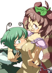 Rule 34 | 2girls, antennae, bad id, bad pixiv id, blush, breast smother, breasts, brown eyes, brown hair, clenched teeth, face to breasts, female focus, futatsuiwa mamizou, glasses, green hair, leaf, leaf on head, looking at breasts, multiple girls, object on head, ogihara mach, one eye closed, pince-nez, teeth, touhou, v, wince, wink, wriggle nightbug