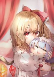 Rule 34 | 2girls, absurdres, blonde hair, blush, blush stickers, bow, character doll, commentary request, crystal, eyelashes, fang, fang out, fingernails, flandre scarlet, frilled bow, frilled shirt, frills, hair between eyes, hair bow, unworn headwear, highres, hug, multicolored wings, multiple girls, no headwear, objectification, on bed, one side up, puffy short sleeves, puffy sleeves, purple hair, red bow, red curtains, red eyes, remilia scarlet, shironeko yuuki, shirt, short hair, short sleeves, siblings, side ponytail, sisters, sitting, touhou, unworn vest, white shirt, wings