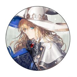 Rule 34 | 1girl, black bow, black bowtie, blonde hair, blue eyes, book, bow, bowtie, braid, brooch, buttons, cape, fate/grand order, fate (series), from side, glasses, gold trim, hair between eyes, hair over shoulder, hat, jewelry, long hair, looking at viewer, looking to the side, open book, parted lips, rain, red brooch, rimless eyewear, round eyewear, round image, shirahama kamome, single braid, solo, striped, aesc (fate), twitter username, two-sided fabric, two-sided headwear, upper body, water drop, white cape, white hat, wide brim, witch hat