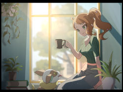 Rule 34 | 1girl, artist name, closed mouth, creatures (company), cup, game freak, gen 8 pokemon, green eyes, green nails, hair ornament, hari611, heart, heart hair ornament, highres, holding, holding cup, indoors, looking at another, nail polish, nintendo, orange hair, pants, plant, pokemon, pokemon (creature), pokemon swsh, short hair, short sleeves, side ponytail, sitting, smile, sonia (pokemon), window, yamper