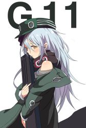 Rule 34 | 1girl, assault rifle, bad id, bad pixiv id, bare shoulders, beret, blush, breasts, brown eyes, bullpup, caseless firearm, character name, closed mouth, coat, collared coat, eyes visible through hair, from side, g11 (girls&#039; frontline), girls&#039; frontline, green coat, grey shirt, gun, h&amp;k g11, hair between eyes, hat, heckler &amp; koch, highres, holding, holding gun, holding weapon, horizontal magazine, jacket, long hair, long sleeves, looking at viewer, magazine (weapon), off shoulder, open clothes, open coat, personification, prototype design, rifle, scarf, scarf on head, shirt, silver hair, simple background, solo, tareme, ururu, very long hair, weapon, white background