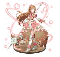 Rule 34 | 1girl, arm ribbon, asuna (sao), bow, bowtie, breasts, brown eyes, brown hair, faux figurine, floating hair, floral print, flower, full body, hair flower, hair ornament, holding, holding weapon, layered skirt, long hair, looking at viewer, medium breasts, midriff, navel, pink flower, polearm, red bow, red bowtie, red ribbon, ribbon, simple background, skirt, smile, solo, standing, stomach, sword art online, thigh strap, thighhighs, very long hair, weapon, white background