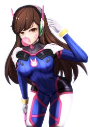 Rule 34 | 1girl, bodysuit, breasts, brown eyes, brown hair, blowing bubbles, chewing gum, covered erect nipples, d.va (overwatch), daydream (zhdkffk21), facial mark, gloves, headphones, highres, leaning forward, long hair, looking at viewer, medium breasts, overwatch, overwatch 1, pilot suit, skin tight, solo, weapon, whisker markings, white gloves