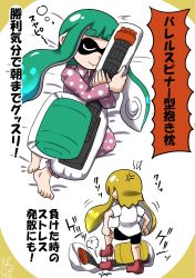 Rule 34 | 2girls, angry, aqua hair, barefoot, bike shorts, blonde hair, closed eyes, commentary request, dakimakura (object), dated, fume, gatling gun, gun, highres, inkling, inkling girl, inkling player character, long hair, lying, multiple girls, nintendo, on side, pajamas, pants, pillow, pointy ears, polka dot, shirt, signature, simple background, smile, splatoon (series), splatoon 1, stepped on, t-shirt, tentacle hair, translation request, usa (dai9c carnival), weapon, white shirt