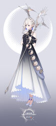 Rule 34 | 1girl, asymmetrical bangs, black dress, blonde hair, blue eyes, commission, dress, earrings, full body, gradient dress, halo, high heels, highres, holding, holding staff, jewelry, looking at viewer, original, pointy ears, skeb commission, solo, staff, standing, two-tone dress, white dress, zenmaibook
