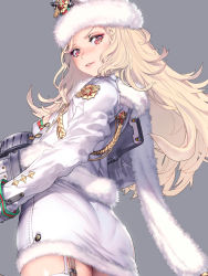 Rule 34 | 1girl, absurdres, ass, blonde hair, blush, breasts, commentary request, fur trim, garter straps, goddess of victory: nikke, grey background, hat, highres, holding, jacket, kim hyung tae, lips, long hair, long sleeves, looking at viewer, looking back, ludmilla (nikke), medium breasts, official art, pantylines, parted lips, project nikke, red eyes, shiny skin, simple background, skirt, solo, upper body, white jacket, white skirt