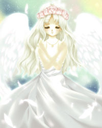 Rule 34 | angel wings, character request, crossed arms, dress, closed eyes, feathers, long hair, miyase mahiro, solo, source request, wings