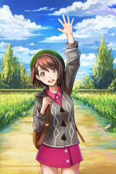 Rule 34 | 1girl, :d, arms up, backpack, bag, blush, brown eyes, brown hair, cardigan, cloud, cloudy sky, collared shirt, commentary, cowboy shot, creatures (company), day, english commentary, game freak, gloria (pokemon), grass, green hat, grey cardigan, hat, highres, hood, hood down, hooded cardigan, long sleeves, looking at viewer, miniskirt, nintendo, open mouth, outdoors, path, pink shirt, pink skirt, pokemon, pokemon swsh, redpoke, road, round teeth, shirt, short hair, skirt, sky, smile, solo, spread fingers, swept bangs, tareme, teeth, tree, upper teeth only, waving