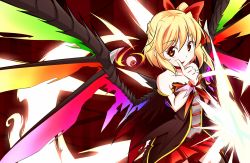 Rule 34 | 1girl, alternate costume, alternate wings, bare shoulders, blonde hair, bow, byoubyou, collarbone, eyeball, flandre scarlet, hair bow, looking at viewer, red eyes, shirt, side ponytail, skirt, smile, solo, strapless, touhou, wings