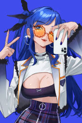 Rule 34 | 1girl, absurdres, blue background, blue eyes, blue hair, blue nails, breasts, chain necklace, character request, cleavage, commentary, commission, copyright request, cowboy shot, crop top, earrings, english commentary, fangs, hair between eyes, hair ornament, heterochromia, high-waist skirt, highres, holding, holding phone, indie virtual youtuber, jacket, jewelry, large breasts, light particles, long hair, looking at viewer, mole, mole under eye, multiple rings, nail polish, necklace, open mouth, orange-tinted eyewear, phone, red eyes, ring, simple background, skirt, smile, solo, striped clothes, striped skirt, sunglasses, temu (tem27), tinted eyewear, v, virtual youtuber, white jacket