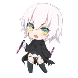 Rule 34 | 1girl, bad id, bad pixiv id, bandaged arm, bandages, black cloak, black gloves, black panties, black shirt, black thighhighs, blush, chibi, cloak, dagger, dual wielding, facial scar, fate/grand order, fate (series), full body, gloves, green eyes, hair between eyes, holding, holding dagger, holding knife, holding weapon, jack the ripper (fate/apocrypha), knife, kuki panda (wkdwnsgk13), looking at viewer, open mouth, panties, reverse grip, scar, scar across eye, scar on cheek, scar on face, shirt, short hair, simple background, single glove, solo, standing, thighhighs, underwear, v-shaped eyebrows, weapon, white background, white hair