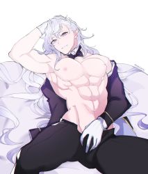 Rule 34 | 1boy, abs, black pants, butler, fate/grand order, fate (series), formal, hand in own hair, highres, kyou (ningiou), large pectorals, light purple hair, long hair, looking at viewer, male focus, merlin (fate), nipples, off shoulder, pant suit, pants, pectorals, simple background, smile, solo, spread legs, suit, toned, toned male, topless male, very long hair, white background
