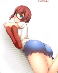 Rule 34 | 10s, 1girl, aqua eyes, ass, bespectacled, blush, breast press, breasts, brown hair, casual, dated, glasses, highres, kosaka yukiho, large breasts, looking at viewer, love live!, love live! school idol project, lying, on stomach, red-framed eyewear, red hair, semi-rimless eyewear, short hair, short shorts, shorts, solo, thighs, under-rim eyewear, yu-ta