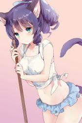 Rule 34 | 10s, 1girl, animal ears, aqua eyes, bamboo broom, bare arms, blue bow, blue eyes, blue skirt, blush, bow, bra strap, breasts, broom, cat ears, cat tail, closed mouth, cowboy shot, curly hair, cyan (show by rock!!), eyebrows, frilled skirt, frills, gradient background, hair bow, halterneck, holding, kanaicooo, looking at viewer, medium breasts, microskirt, midriff, navel, panties, pink background, ponytail, purple hair, ringlets, shirt, show by rock!!, sidelocks, skirt, sleeves rolled up, solo, stomach, tail, tied shirt, underwear, white panties, white shirt