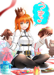 Rule 34 | 1girl, :d, ahoge, animal, bear, belt, belt buckle, black belt, black pantyhose, black skirt, blush, box, breasts, buckle, chaldea uniform, chocolate, chocolate on face, commentary request, crossed legs, crown, fate/grand order, fate (series), food, food on face, fujimaru ritsuka (female), gift, gift box, hair between eyes, hair ornament, hair scrunchie, highres, holding, holding food, jacket, long sleeves, medium breasts, mini crown, no shoes, one side up, open mouth, orange eyes, orange hair, orange scrunchie, orion (bear) (fate), pantyhose, plaid, pleated skirt, red ribbon, ribbon, scrunchie, sitting, skirt, smile, solo focus, suishougensou, tilted headwear, translation request, uniform, valentine, white jacket