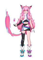 Rule 34 | 1girl, ai.mi (omega strikers), animal ears, black shirt, blue eyes, boots, cat ears, cat tail, collared shirt, concept art, earbuds, earphones, gloves, hair between eyes, heterochromia, highres, liyart, looking at viewer, official art, omega strikers, pink hair, shirt, simple background, single leg pantyhose, skirt, solo, tail, white background, yellow eyes