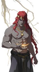 Rule 34 | 1boy, abs, absurdres, aleksandra skiba, arm up, black skirt, braid, clenched hand, elden ring, gold diadem, gold necklace, highres, holding, jewelry, looking down, male focus, muscular, muscular male, necklace, radagon of the golden order, red hair, single braid, skirt, topless male, yellow eyes