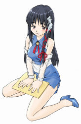 Rule 34 | 1girl, :d, bare legs, bare shoulders, black hair, blue skirt, blush, brown eyes, collar, detached sleeves, folder, full body, hair ornament, headgear, high heels, highres, hinemosu notari, kneeling, long sleeves, open mouth, os-tan, pencil skirt, see-through, see-through sleeves, shoes, side slit, simple background, sitting, skirt, smile, solo, wariza, white background, x hair ornament, xp-tan