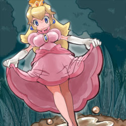 Rule 34 | 1girl, bad id, bad pixiv id, blonde hair, blue eyes, breasts, clothes lift, dress, female focus, mario (series), nervous, nintendo, outdoors, plant, princess peach, skirt, skirt lift, solo, standing, super mario bros. 1, sweat, tree, water