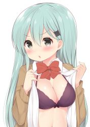 Rule 34 | 10s, 1girl, aqua hair, bad id, bad twitter id, blush, bow, bow bra, bowtie, bra, breasts, brown eyes, cardigan, chestnut mouth, cleavage, commentary request, furrowed brow, green eyes, hair ornament, hairpin, kantai collection, long hair, long sleeves, looking at viewer, medium breasts, open cardigan, open clothes, open shirt, purple bra, shirt, simple background, solo, suzuya (kancolle), underwear, upper body, watanon (gakushokutei), white background