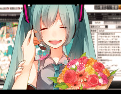 Rule 34 | 1girl, aqua hair, bouquet, flower, hand on another&#039;s face, hatsune miku, headset, koyubi right, letterboxed, necktie, niconico, open mouth, pov, smile, tears, twintails, vocaloid