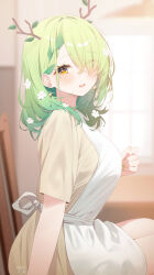 Rule 34 | 1girl, alternate costume, apron, blurry, blurry background, blush, braid, braided bangs, breasts, ceres fauna, commentary, deyui, dress, english commentary, eyes visible through hair, fingernails, flower, from side, green hair, green nails, hair branch, hair flower, hair ornament, hair over one eye, highres, hololive, hololive english, indoors, large breasts, looking at viewer, medium hair, nail polish, open mouth, paid reward available, short sleeves, sitting, smile, solo, virtual youtuber, white apron, white flower, yellow dress, yellow eyes