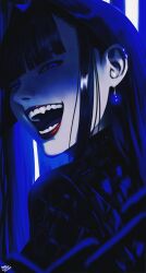 Rule 34 | 1girl, black hair, blue eyes, blunt bangs, earrings, fang, half-closed eyes, highres, hololive, hololive english, jewelry, lips, lipstick, long hair, looking at viewer, looking back, makeup, open mouth, ouro kronii, red lips, smile, solo, steb, teeth, upper body, virtual youtuber