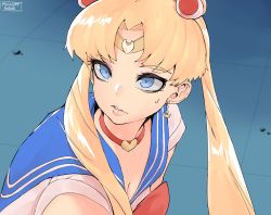 Rule 34 | 1girl, bishoujo senshi sailor moon, blonde hair, blue eyes, blue sailor collar, bow, bowtie, breasts, choker, cleavage, crescent, crescent earrings, derivative work, earrings, from side, hair ornament, heart, heart choker, highres, jewelry, meme, norman maggot, parted bangs, parted lips, red bow, red bowtie, red choker, sailor collar, sailor moon, sailor moon redraw challenge (meme), school uniform, screenshot redraw, serafuku, signature, solo, sweatdrop, tiara, tsukino usagi, twintails, upper body