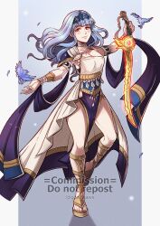Rule 34 | 1girl, bird, blue hair, blutgang (fire emblem), breasts, choker, cleavage, commentary, dancer (fire emblem: three houses), dress, fire emblem, fire emblem: three houses, full body, gladiator sandals, gzei, hairband, highres, holding, holding sword, holding weapon, long hair, marianne von edmund, medium breasts, nintendo, pelvic curtain, sandals, single-shoulder dress, solo, standing, sword, thighs, weapon, white dress