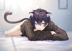 Rule 34 | 1boy, absurdres, animal ears, bare legs, barefoot, bed, black hair, black shirt, bottomless, cat boy, cat ears, cat tail, closed mouth, crossed arms, feet, highres, indie virtual youtuber, looking at viewer, lying, makura wet, male focus, no pants, purple eyes, ribbed sweater, shirt, short hair, shoto (vtuber), solo, sweater, tail, virtual youtuber
