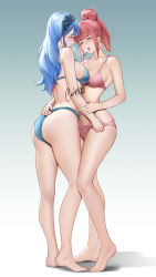 Rule 34 | 2girls, ass, bare arms, bare legs, bare shoulders, barefoot, blue bra, blue hair, blue panties, blush, bra, breast press, breasts, breath, commentary, commission, earrings, feet, fire emblem, fire emblem heroes, full body, gradient background, green background, hair bun, hairband, highres, hilda valentine goneril, hoop earrings, hug, jewelry, legs, long hair, looking at another, marianne von edmund, median furrow, medium breasts, multiple girls, nintendo, open mouth, panties, pink bra, pink panties, red hair, shadow, shizuko hideyoshi, sidelocks, standing, symmetrical docking, thighs, tongue, tongue out, underwear, underwear only, wedgie, white background, yuri