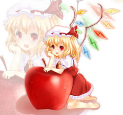 Rule 34 | 1girl, :d, apple, barefoot, blonde hair, head rest, elbow rest, female focus, flandre scarlet, food, fruit, hat, hat ribbon, open mouth, ponytail, rai (rai-s), red eyes, ribbon, short hair, side ponytail, smile, solo, embodiment of scarlet devil, touhou, wings, zoom layer