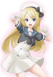 Rule 34 | blonde hair, blue eyes, blue sailor collar, clenched hand, commentary request, dress, gloves, gradient background, hat, highres, jervis (kancolle), kantai collection, looking at viewer, open mouth, sailor collar, sailor dress, sailor hat, short sleeves, smile, solo, t2r, white background, white dress, white gloves, white hat